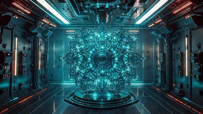 Estructura metálica misteriosa en entorno futurista