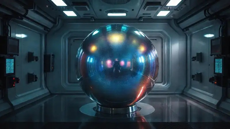 Esfera iridiscente en entorno futurista y clínico
