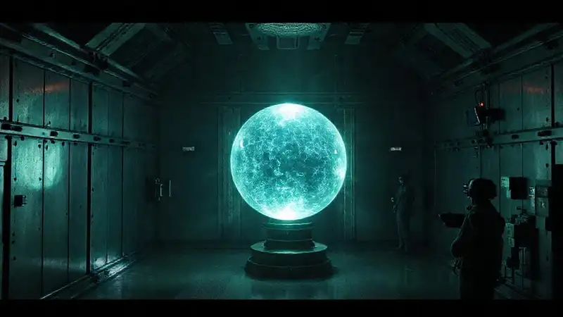 Esfera luminosa en celda con vigilancia y ciencia