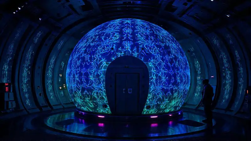 Cámara futurista con patrones y vibraciones misteriosas