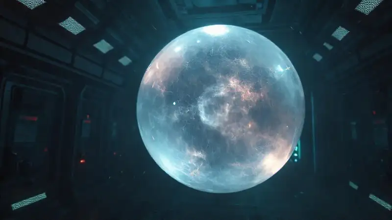 Esfera misteriosa en entorno futurista y oscuro