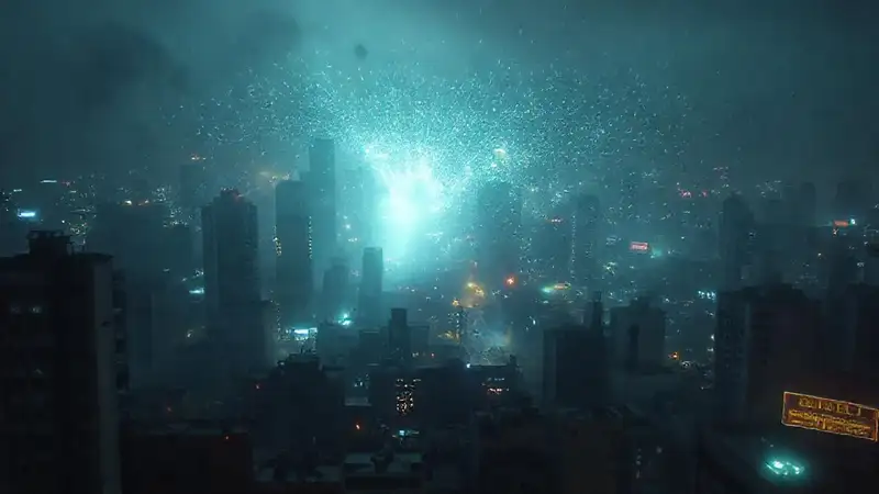 Fenómeno electromagnético misterioso en ciudad futurista