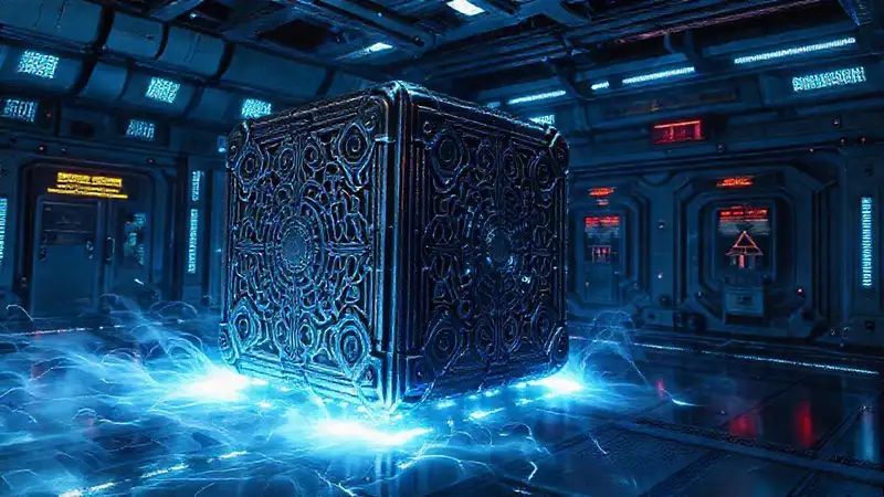 Cubículo futurista con energía y advertencias
