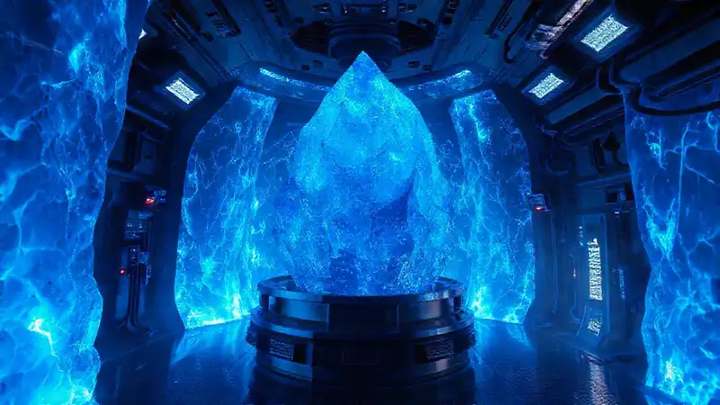 Estructura futurista brillante en entorno misterioso