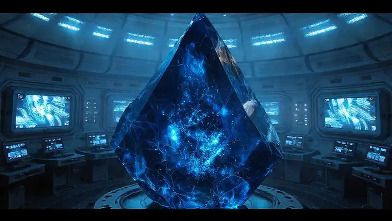 Cristal azul profundo en entorno futurista y peligroso