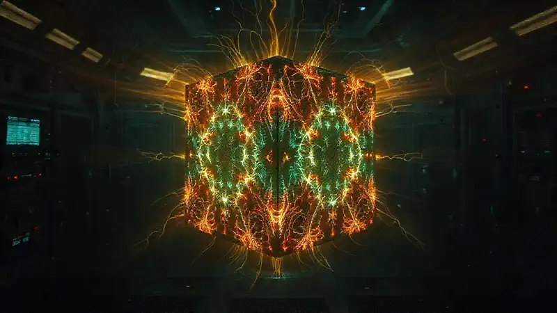 Cubo con patrones fractales y energía misteriosa