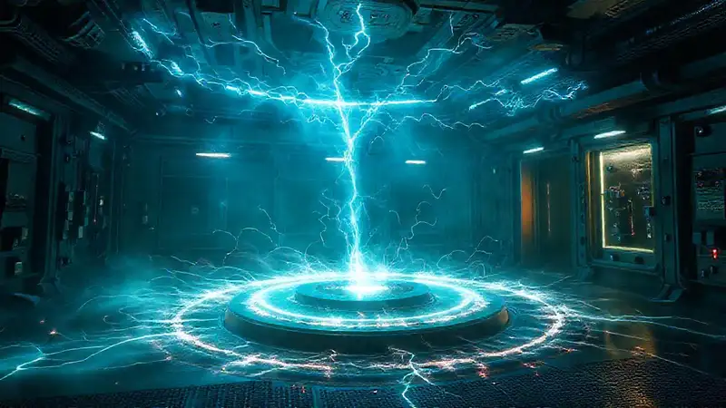 Aura energética misteriosa en sala futurista