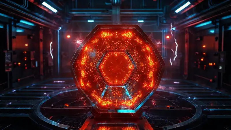 Objeto metálico hexagonal con efectos electromagnéticos