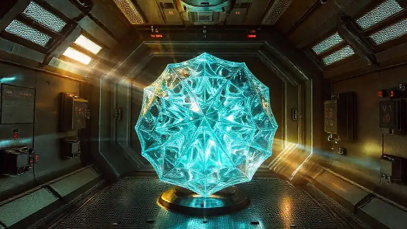 Cristal dodecaédrico en contención luminosa futurista