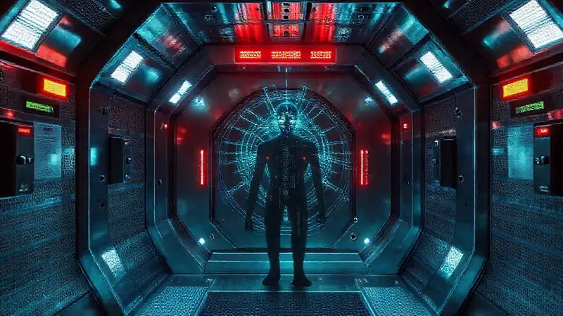 Cámera de contención futurista con advertencias electrónicas