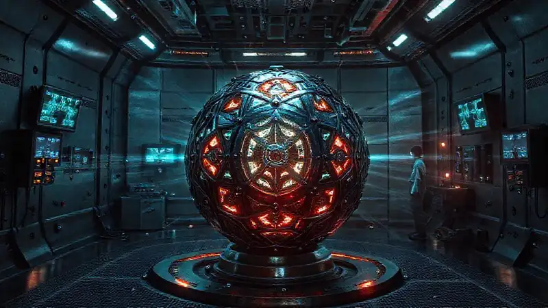 Esfera metálica en laboratorio futurista y enigma