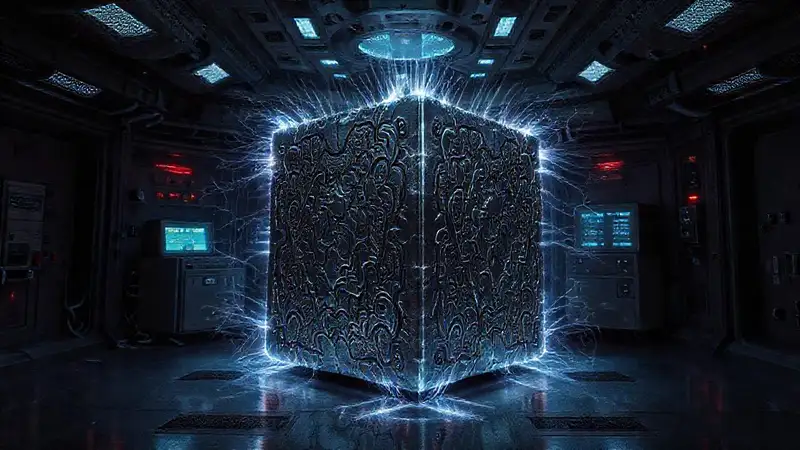 Cubo metálico con patrones fractales y energía
