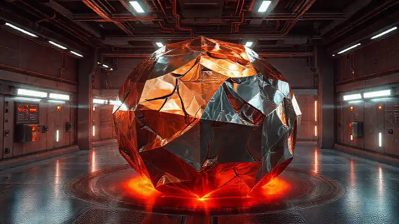 Estructura futurista con interferencias y ambiente misterioso
