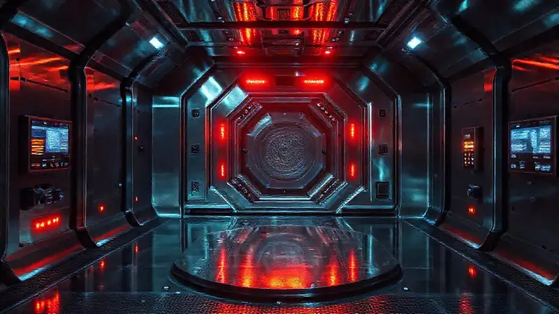 Sala segura y futurista con distorsiones electromagnéticas