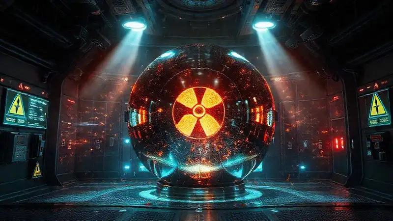 Esfera metálica en cámara futurista de contención