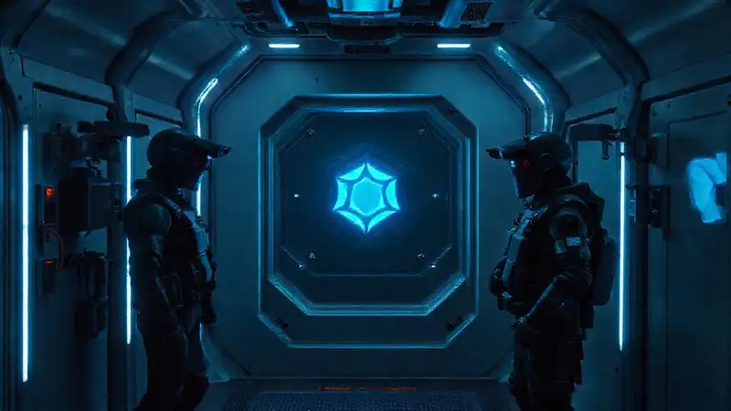 Sala segura con objeto futurista y vigilancia