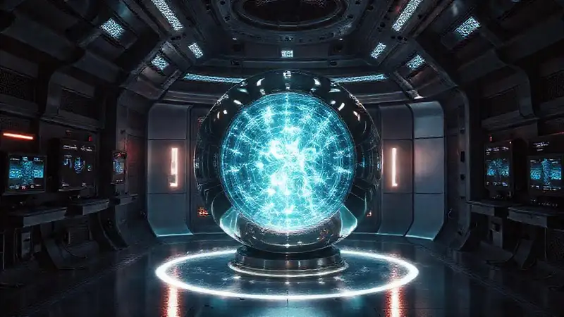 Esfera metálica, energía, laboratorio futurista seguro