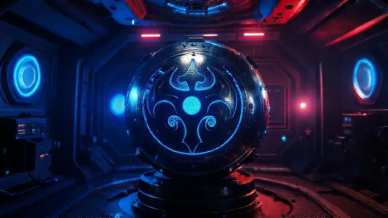 Esfera metálica con glifos y resguardo futurista