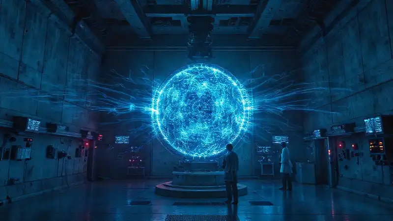 Esfera luminosa misteriosa en contención futurista
