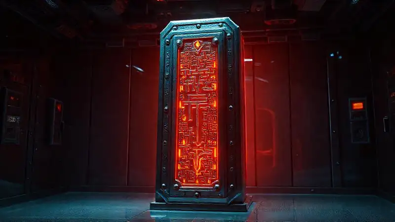 Monolito metálico misterioso en entorno futurista