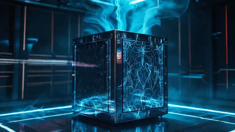Cubo metálico misterioso en entorno futurista
