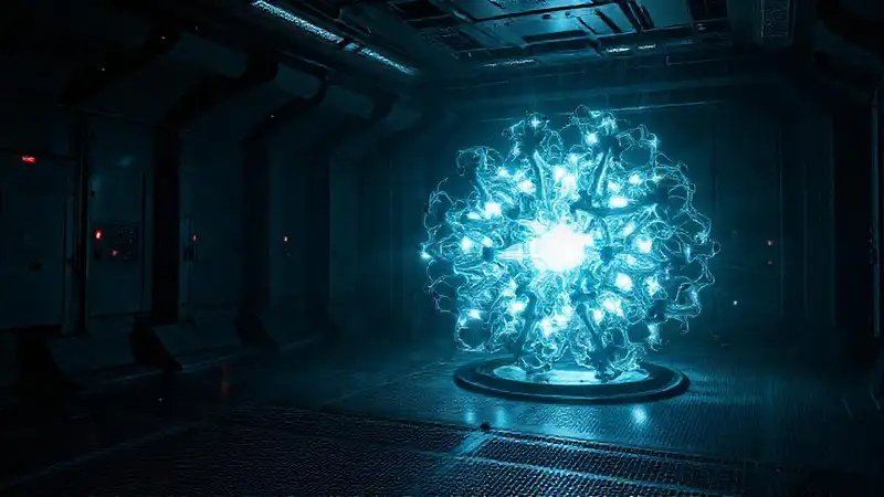 Masa metálica fractal en entorno futurista y misterioso