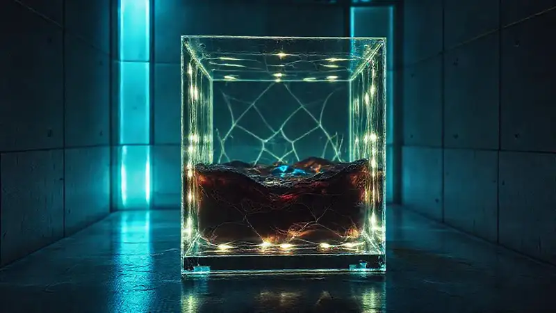 Cubo de vidrio con fluido oscuro y patrones