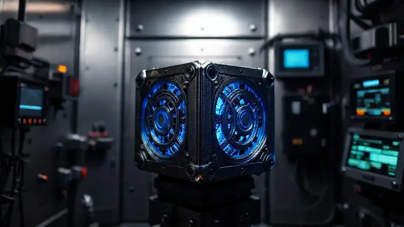 Cubo metálico con luz y patrones intrincados