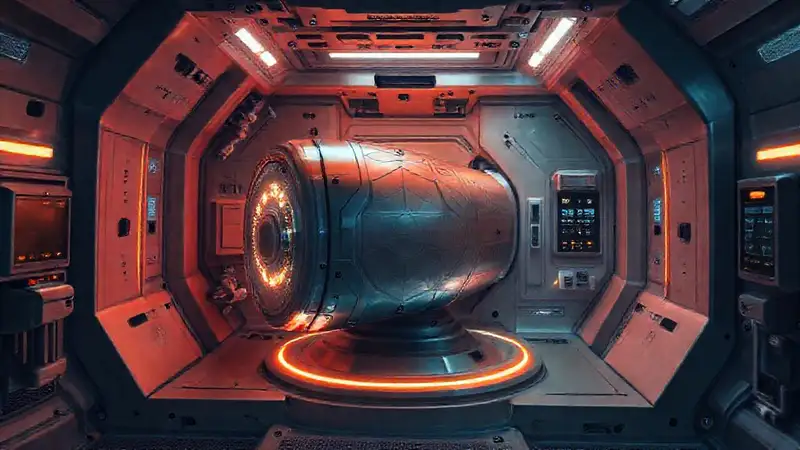 Cámara futurista con objeto metálico misterioso