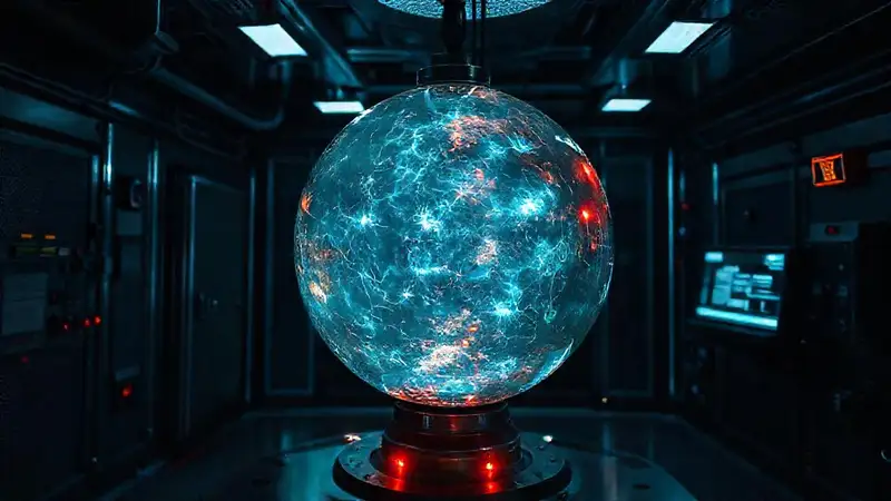 Esfera luminosa en sala sécurizada y misteriosa