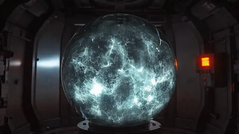 Esfera de cristal oscuro en laboratorio futurista