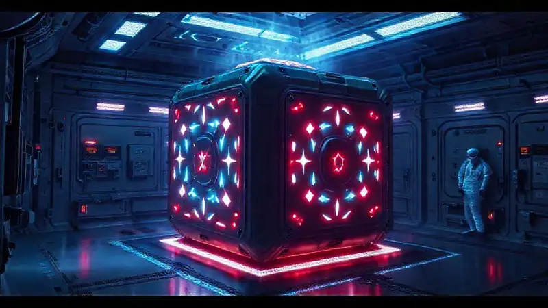 Objeto cúbico con patrones y aura electromagnética