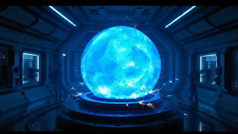 Esfera azul brillante en laboratorio futurista de seguridad