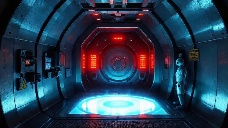 Laboratorio futurista con energía y peligro potencial