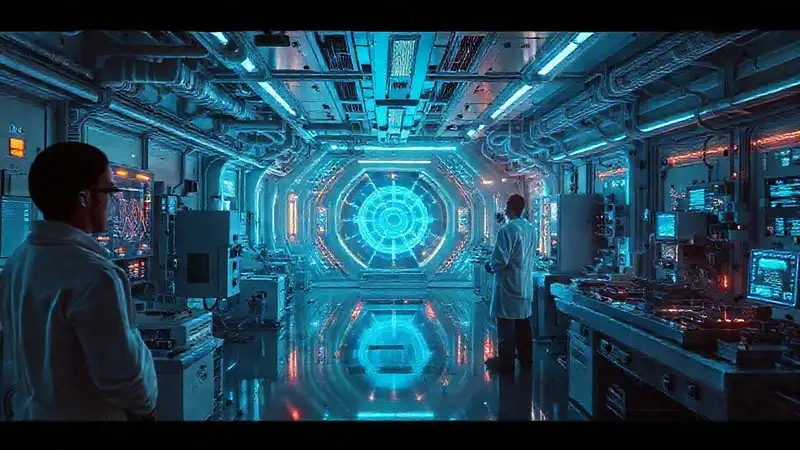 Laboratorio futurista con energía misteriosa y surrealista