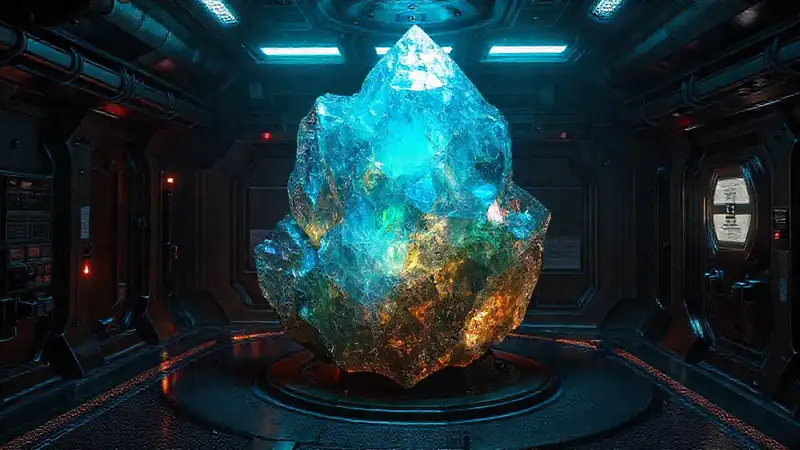Cristal iridiscente en contención futurista peligrosa