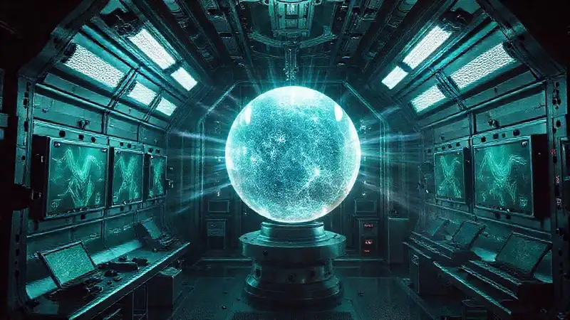 Esfera luminosa misteriosa en laboratorio futurista