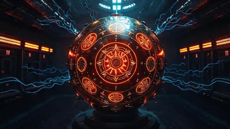 Esfera metálica luminosa en habitación futurista y oscura