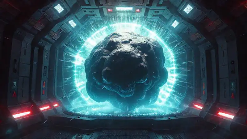 Masa misteriosa en contenedor futurista y protegido