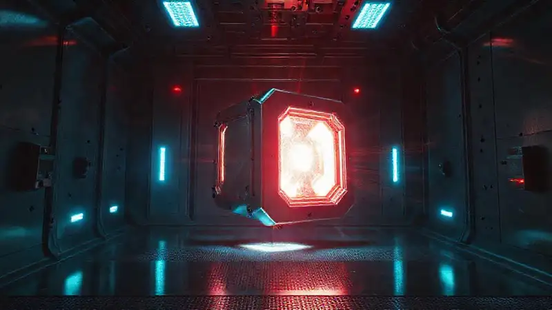 Objeto metálico brillante en ambiente futurista tenso