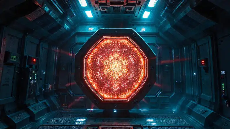 Artefacto hexagonal misterioso en entorno futurista