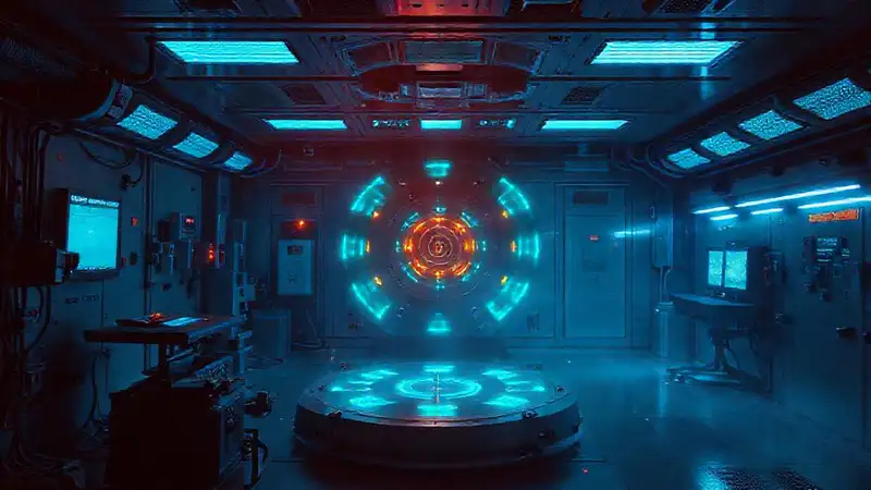 Dispositivo electromagnético misterioso en sala científica
