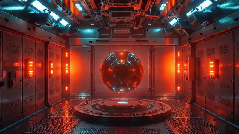 Sala de contención con objeto misterioso y peligros