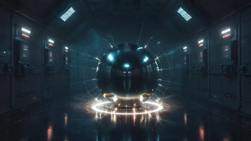 Objeto metálico misterioso en laboratorio futurista