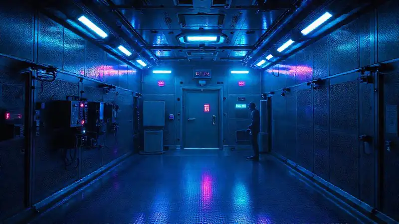 Sala segura con luces y atmósfera tensa