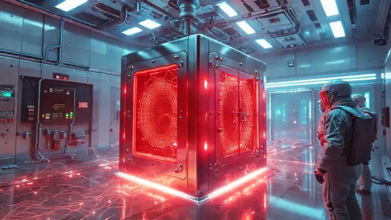 Cubo metálico con energía en laboratorio futurista