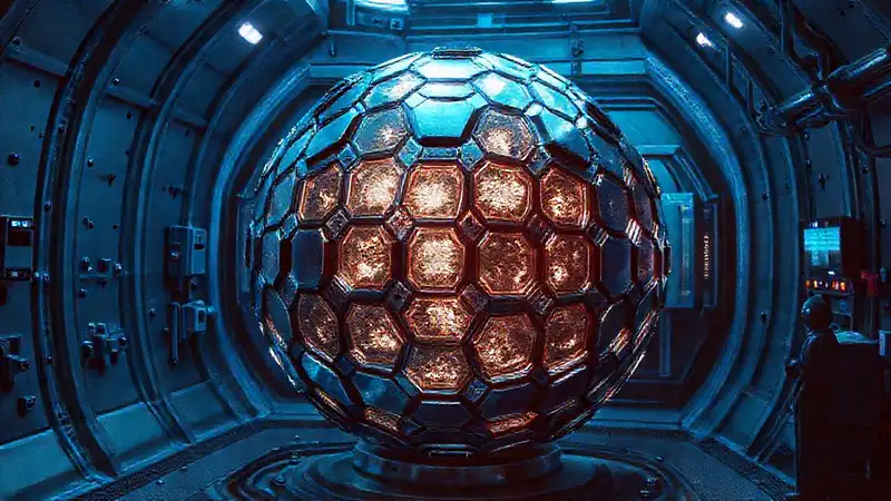 Esfera metálica futurista en cámara de seguridad
