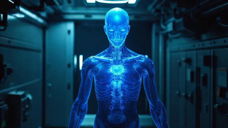 Figura humanoide con gel azul y energía invisible