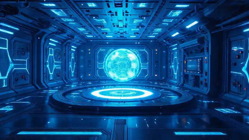 Campo energético futurista con esfera luminosa misteriosa