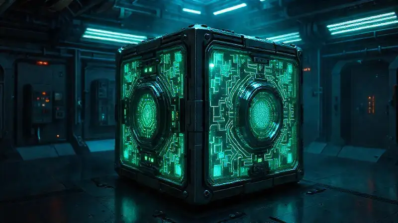 Cubo misterioso en laboratorio con energía radiactiva